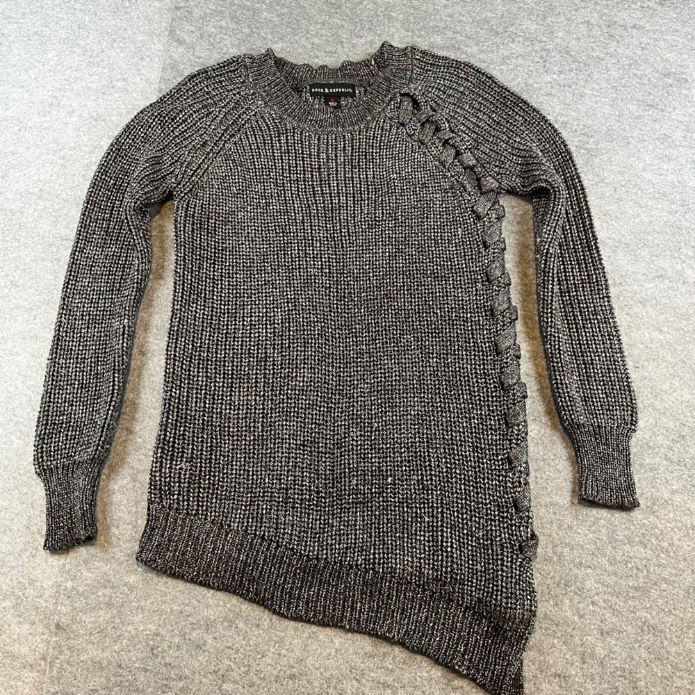 Rock & Republic Women Asymmetrical Sweater‎ Gunmetal Grey Edgy  M Metallic Knit